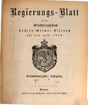 Regierungsblatt für Sachsen-Weimar-Eisenach : auf das Jahr .... 1869 = Jg. 53