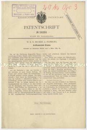 Patentschrift einer kraftsammelnden Bremse, Patent-Nr. 28255