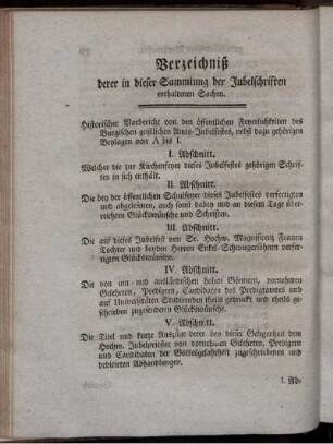 Verzeichniß derer in dieser Sammlung der Jubelschriften enthaltenen Sachen.