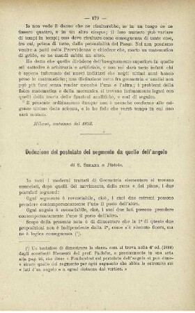 Deduzione del postulate del segemente da quello dell' angolo.