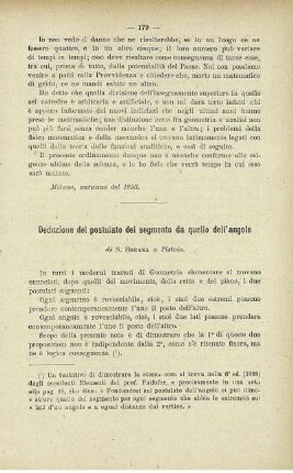 Deduzione del postulate del segemente da quello dell' angolo.