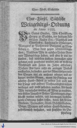 Chur-Fürstl. Sächsische Weingebürgs-Ordnung de Anno 1588.