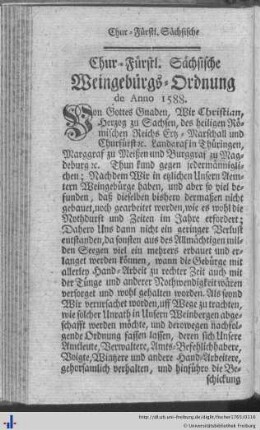 Chur-Fürstl. Sächsische Weingebürgs-Ordnung de Anno 1588.