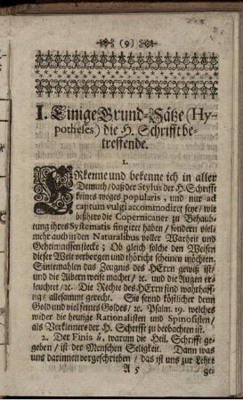 I. Einige Grund-Sätze (Hypotheses) die H. Schrifft betreffende