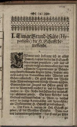 I. Einige Grund-Sätze (Hypotheses) die H. Schrifft betreffende