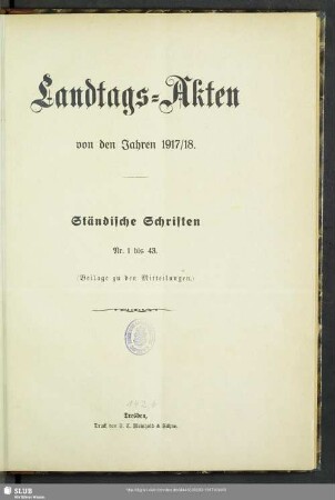 1917/18: Landtags-Akten / Ständische Schriften