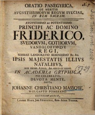 Oratio Panegyrica, De Meritis Avgvstissimorvm Regvm Sveciae, In Rem Sacram