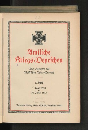 1.1914/15: Amtliche Kriegs-Depeschen