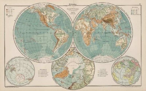 Erdkarten. Bodengestalt der Erde, Halbkugel der grössten Wassermasse, Halbkugel der grössten Landmasse