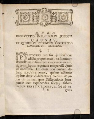 3-16, Q. D. B. V. Dissertatio Inauguralis Juridica Causas, Ex Quibus In Integrum Restitutio Conceditur, Exhibens. Corollaria.