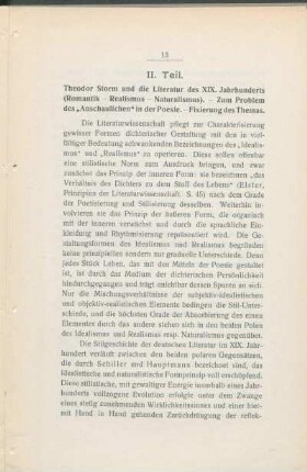 II. Teil. Theodor Storm und die Literatur des XIX. Jahrhunderts (Romantik - Realismus - Naturalismus). - Zum Problem des "Anschaulichen" in der Poesie. - Fixierung des Themas.