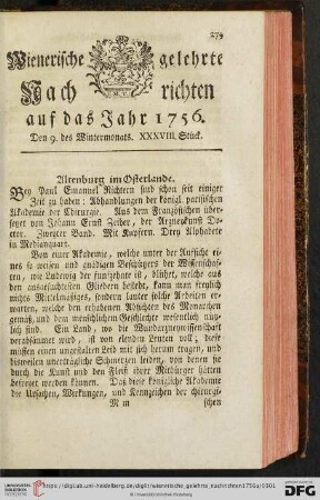 Den 9. des Wintermonats. XXXVIII. Stück