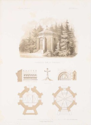 Herrschaftliche Gruft, Nennhausen: Grundrisse, Perspektivische Ansicht, Details (aus: Architektonisches Skizzenbuch, H. 37, 1858)