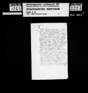 Kaspar Sauer, Bürger und Dachdecker zu Wertheim (Wertheimb), verkauft an Graf Maximilian Karl zu Löwenstein, Wertheim, etc. einen Weinberg im Walzenberg um 34 Gulden.