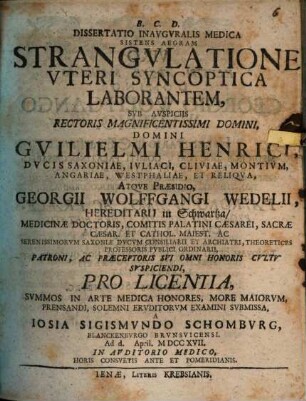 Dissertatio inauguralis medica sistens aegram strangulatione uteri syncoptica laborantem