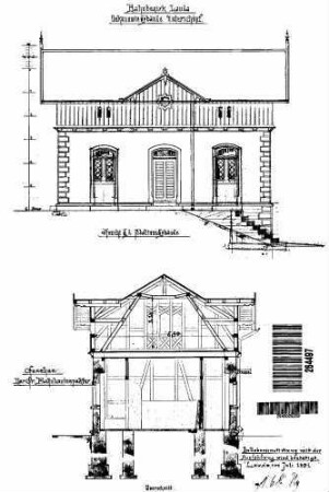 Unterschüpf: Empfangsgebäude Verwaltungsgebäude Längsschnitt (mit FU),Längsansicht
