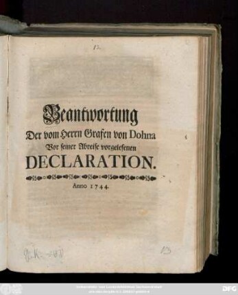 Beantwortung Der vom Herrn Grafen von Dohna Vor seiner Abreise vorgelesenen Declaration