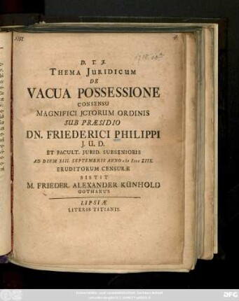 Thema Juridicum De Vacua Possessione