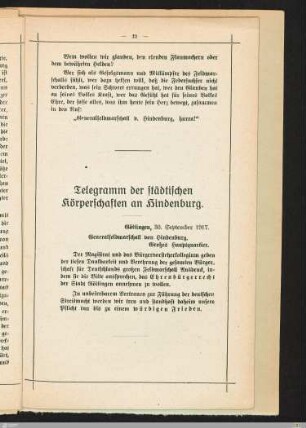 Telegramm der städtischen Körperschaften an Hindenburg