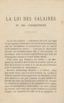 La loi des salaires et ses conséquences