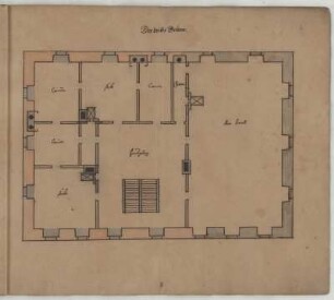 Nürnberg, Sankt Johannis, Schloss, 1. Obergeschoss, Grundriss : Nürnberg, Sankt Johannis, Schloss, Grundriss des ersten Obergeschosses mit Raumbezeichnungen und farbiger Kennzeichnung von Baubestand (rot) und Planung (blau), unbekannter Zeichner, 1649. Feder, Pinsel in Wasserfarbe/Papier. 31,7 x 37,1 cm. Bez.: "Der dritte Boden."