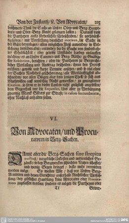 VI. Von Advocaten/und Procuratoren in Berg-Sachen.