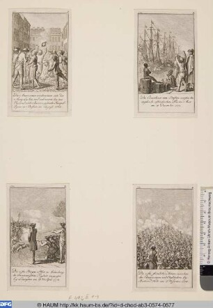 Unten rechts: Die erste förmliche Action zwischen den Amerikanern und Engländern bey Bunkers-Hill am 17ten Junius 1774