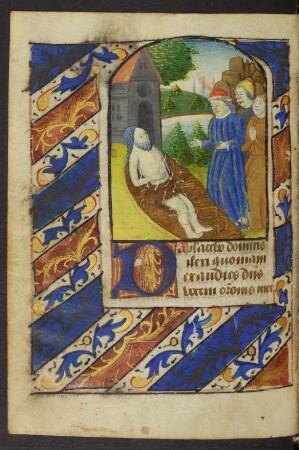 Vollbordürenseite mit Miniatur (Grablegung Christi), Initiale D und Blattrankenbordüre