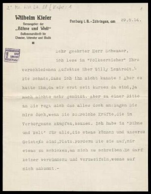 Brief von Wilhelm Kiefer an Wilhelm Schwaner