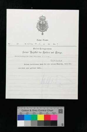 Dank an Graf Doorn zu Glückwünschen von Kaiser Wilhelm