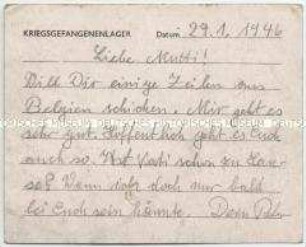 Briefkarte eines 17jährigen Wehrmachtsangehörigen aus britischer Kriegsgefangenschaft in Belgien an seine Mutter - Personenkonvolut