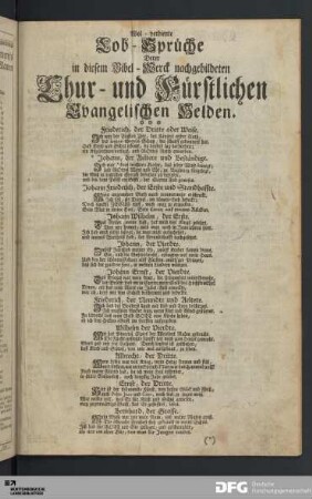 Wol-verdiente Lob-Sprüche Derer in diesem Bibel-Werck nachgebildeten Chur- und Fürstlichen Evangelischen Helden.