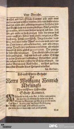 Lob- und Ehren-Gedicht Auf Herrn Wolffgang Heinrich Adelungks Neu-eröffnete Historische Schatz-Kammer