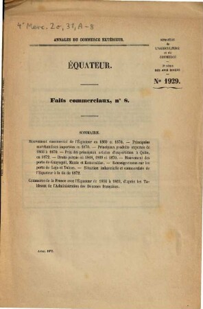 Annales du commerce extérieur. Équateur. Faits commerciaux. 8. 1873