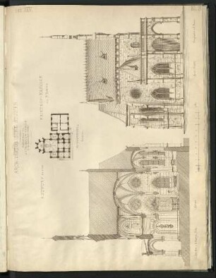 Entwurf zu einer Friedhofkapelle. Grundriss, Längsschnitt, Seitenansicht