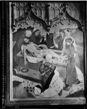Tiefenbronn Katholische Kirche Sankt Maria Magdalena Hochaltar (1469) von Hans Schüchlin Schrein geschlossen - rechter Innenflügel Darstellung Grablegung