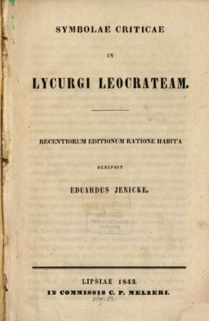 Symbolae criticae in Lycurgi Leocrateam