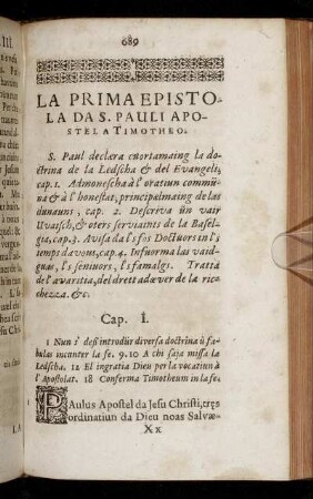 La Prima Epistola Da S. Pauli Apostel A Timotheo.