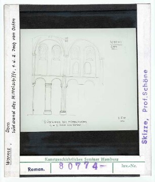 Worms: Dom, Südwand des Mittelschiffs, 1. u 2. Joch von Osten, Skizze Schöne 1959
