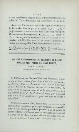 Sur une généralisation du théorème de Pascal donnant neuf points en ligne droite.