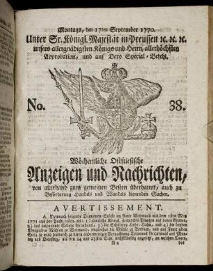 No. 38. Montags, den 17ten September 1770.
