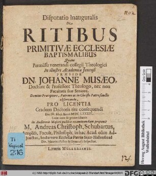 Disputatio Inauguralis De Ritibus Primitivae Ecclesiae Baptismalibus