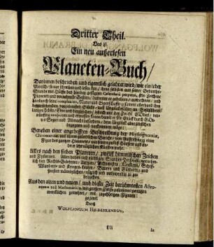 Dritter Theil. Das ist ein neu außerlesen Planeten-Buch.