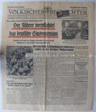 NS-Tageszeitung "Völkischer Beobachter" zur Verkündung des nationalsozialistischen Studentenrechts und zum Rücktritt von Daladier