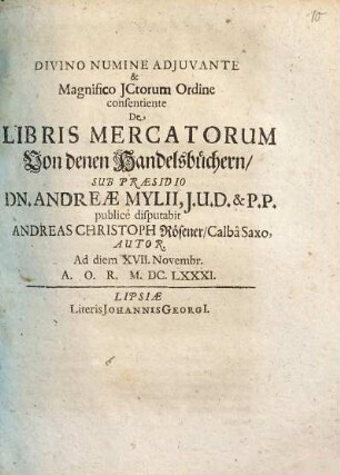 De libris mercatorum : = Von denen Handelsbüchern