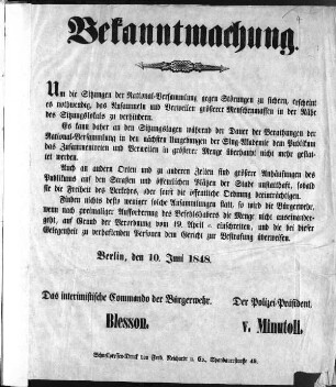 Bekanntmachung. Um die Sitzungen der National=Versammlung [...] (Sammlung Friedlaender)