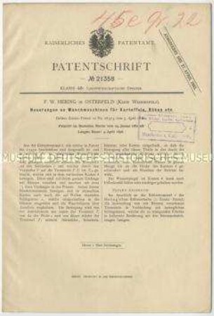 Patentschrift über Neuerungen an Waschmaschinen für Kartoffeln, Rüben u. dgl., Patent-Nr. 21358