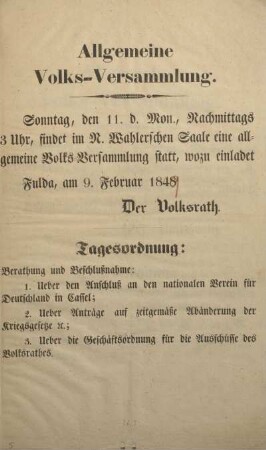 Allgemeine Volks-Versammlung. Fulda, am 9. Februar 184[9].