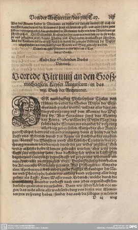 Vorrede Vitruvii an den Großmechtigsten Keyser Augustum/in das viij. Buchd der Architectur.
