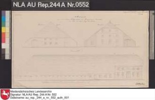 Ansichten von einem Platzgebäude in BORSSUM Kolorierte Zeichnung von G. Behr und H. Balke Papier Format 55,7x30,9 M 1:130